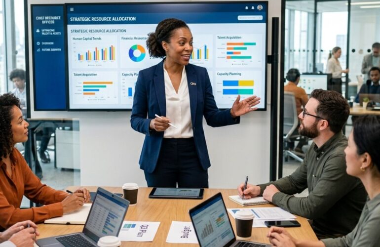 The manager on resource management givin a presentation