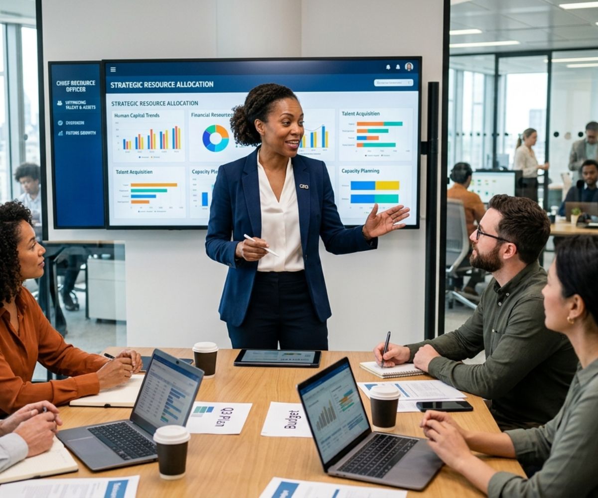 The manager on resource management givin a presentation