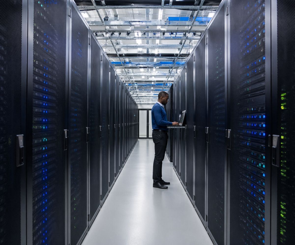 data center with a technician working in it