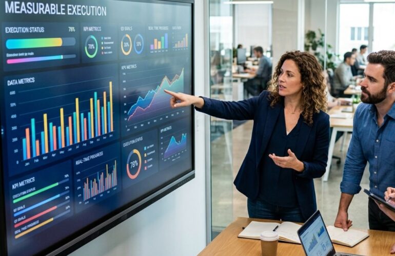 Executives measuring execution in a meeting