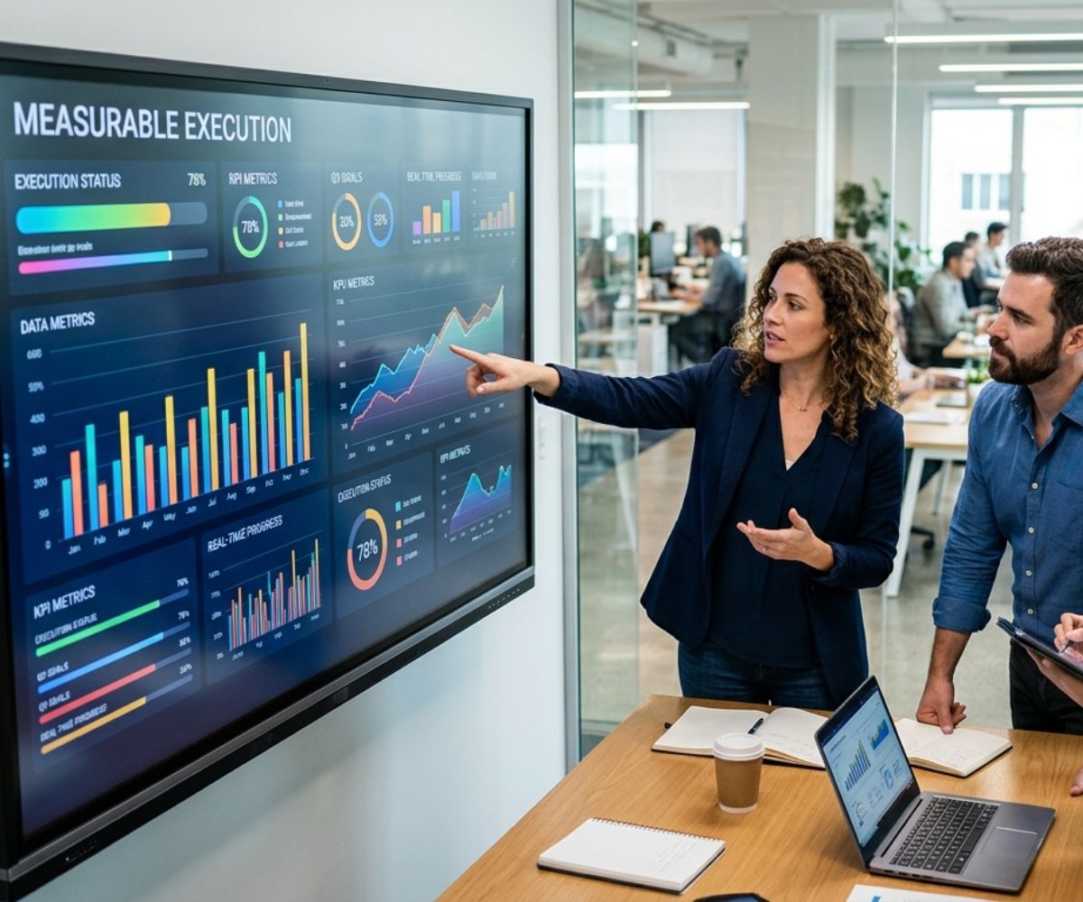 Executives measuring execution in a meeting