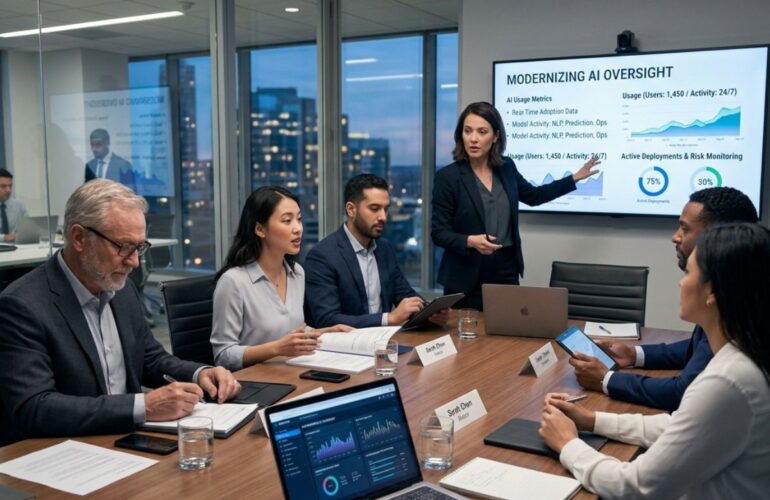 Board members deliberating on AI oversight