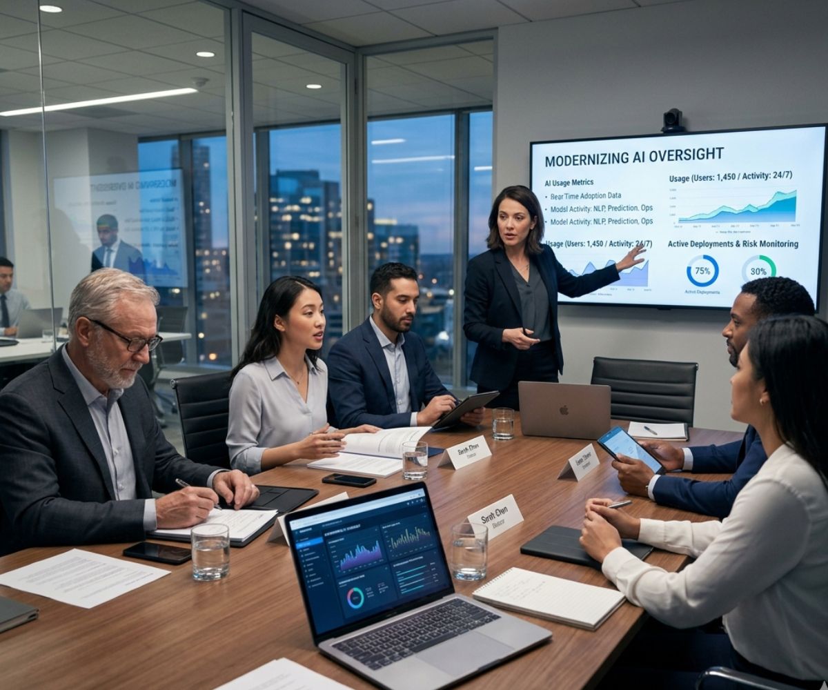 Board members deliberating on AI oversight