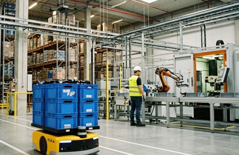 Physical AI complementing human efforts in a manufacturing outfit.
