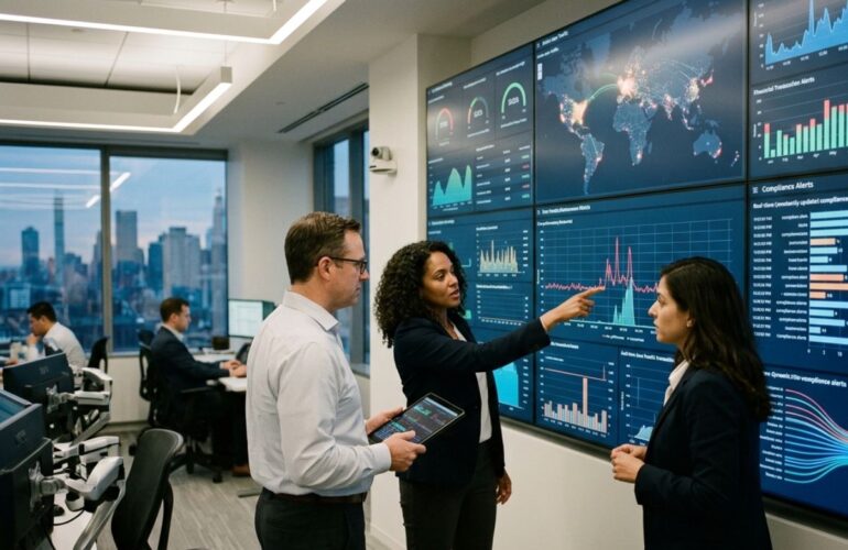 Executives monitoring real-time governance system