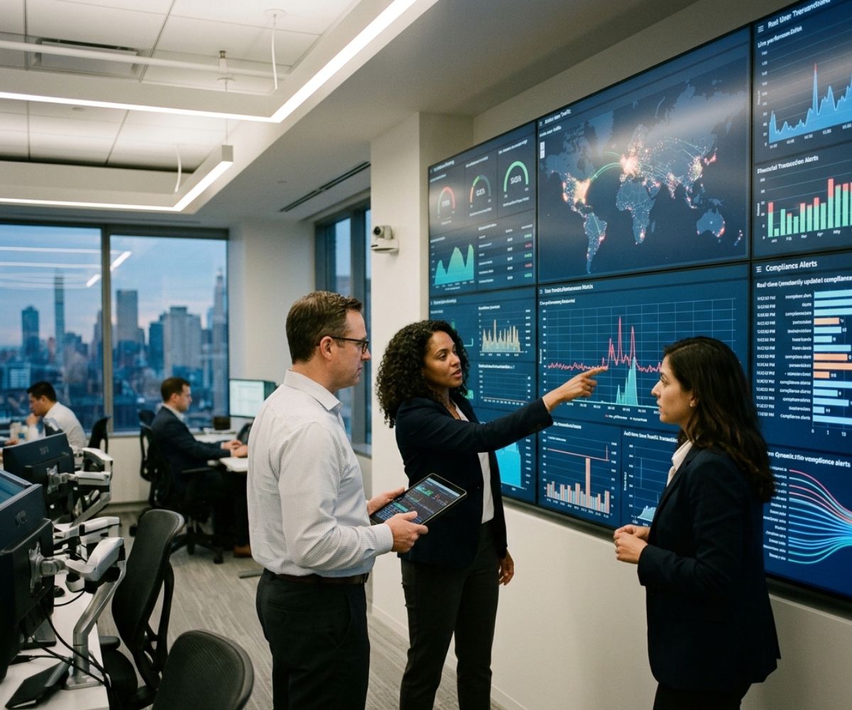 Executives monitoring real-time governance system