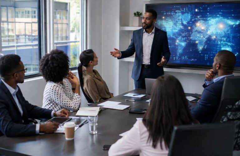 Digital tranformation roadmaps discussion session in the boardroom