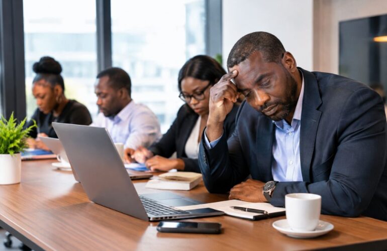 An executive experiencing burnout while maintaining team productivity