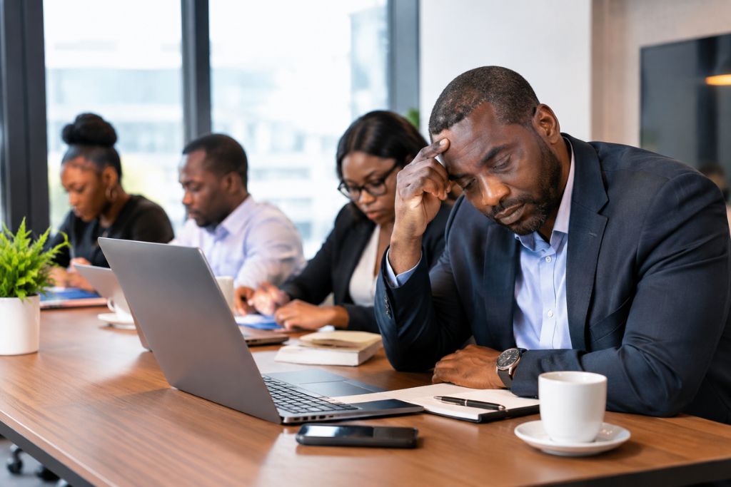 An executive experiencing burnout while maintaining team productivity